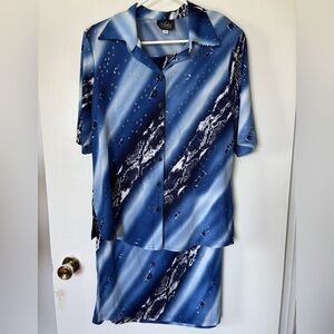Artex Vintage 2-Piece Set Blue White Abstract Shirt Skirt Size L